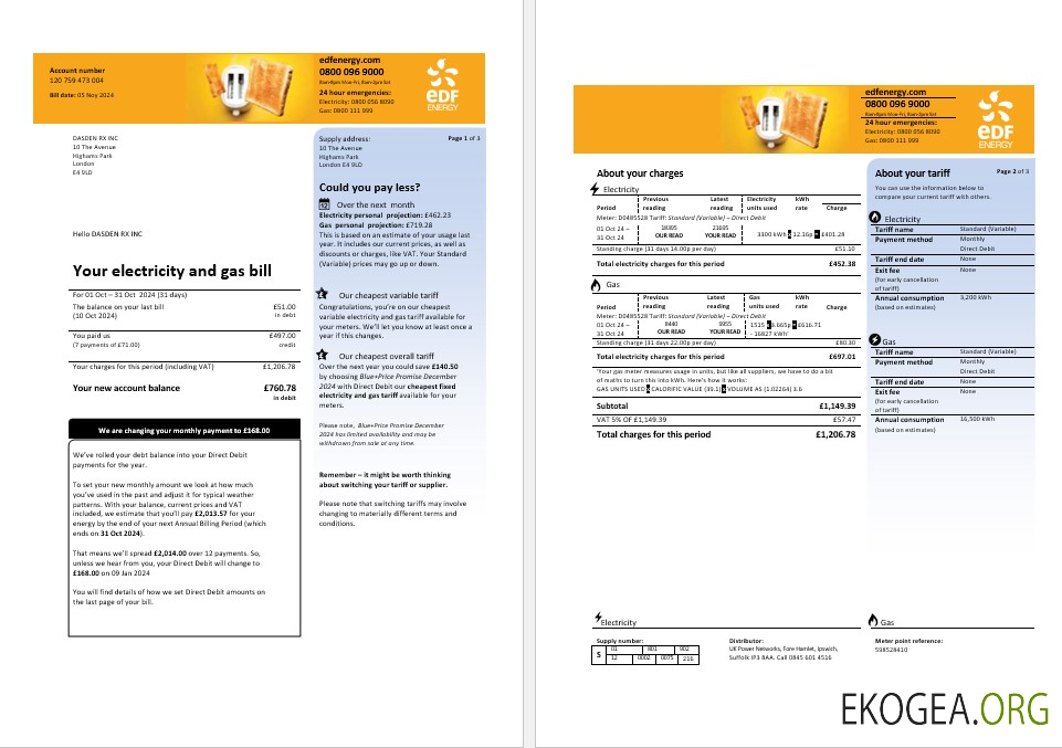 Modèle de facture de services publics pour entreprises EDF Royaume Uni aux formats Word et PDF, 3 pages